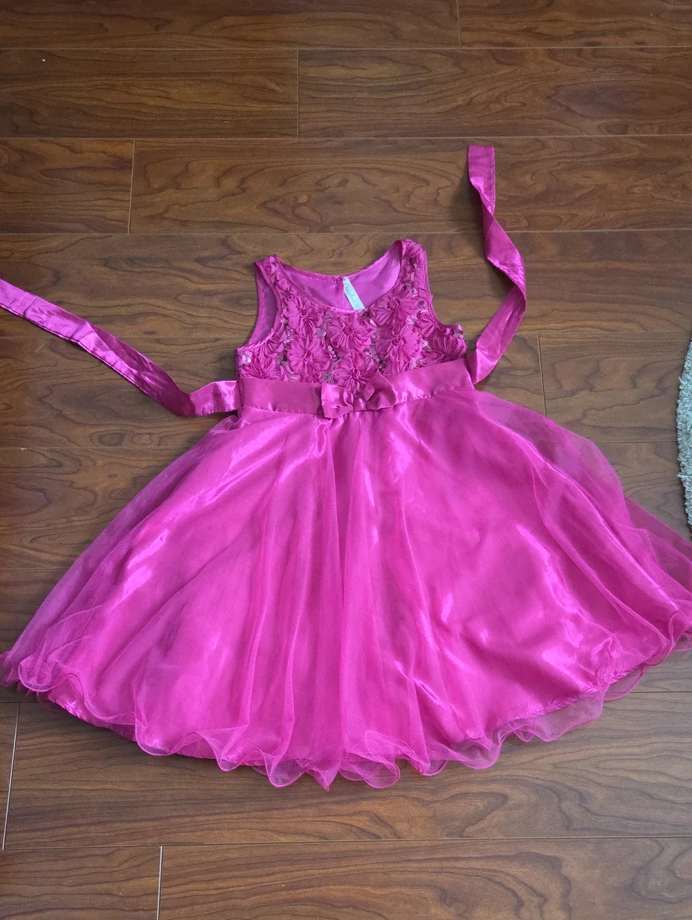 Cherokee Fuchsia Floral Bodice Tulle Party Dress with Sash